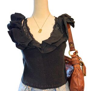 Maeve Anthropologie Smocked Ruffle Peplum Tank Top Coquette Black Size US 12